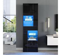 BTM 55x38x170cm Vitrine de Vente en Verre avec LED, Armoire Haute à 1 Tiroir Et 4 Compartiments, Design Brillant, Armoire de Salon, Étagères de Présentation, Noir
