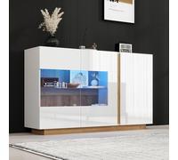 BTM Buffet de Salon avec LED, Armoire de Rangement avec 3 Portes, Buffet LED Moderne, Portes en Bois et en Verre, Blanc Brillant