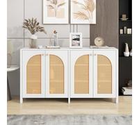 BTM Buffet Rotin, Placard Cuisine, Style Minimaliste, Meuble de Rangement avec 4 Portes, Poignée en Métal, pour Salon, Salle à Manger et Cusine, 145x40x80cm, Blanc