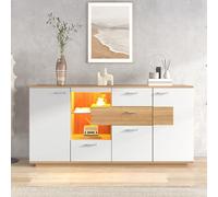 BTM Buffet Salle a Manger, avec LED Rangement, 2 Portes e 4 tiroirs, étagères en Verre, Moderne Meubles Salon, 160 x40x77cm, Blanc