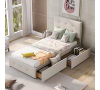 BTM Cadre Lit Coffre 90X190, Tiroirs de Rangement et Sommier À Lattes, Tête De Lit Réglable en Hauteur, Bed Capitonné 90 X 200 cm, Fille ado Enfant, Beige (sans Matelas)