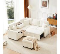 BTM Canapé d'angle en Chenille avec Fonction Sommeil, Tabouret, Lampe de Lecture, USB/Type-C, Table cachée, Table Basse Pliante avec Deux Porte-gobelets, Sofa canaper Beige, 205 x 205 x 85 cm