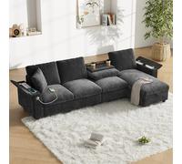 BTM Canapé en tissu chenille, coin en forme de L, deux accoudoirs avec espace de rangement, table basse pliable avec deux porte-gobelets, 1 USB, 1 type C, partie en forme de L placée à gauche à droite