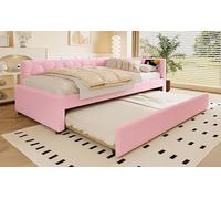 BTM Canapé lit 90 x 200 cm sommier, avec Lampe de Chevet, lit gigogne Multifonctionnel, avec Port USB Type-C, Imitation Polaire, Rosa (sans Matelas)