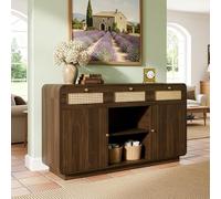 BTM Commode Sideboard 120cm Noyer, Armoire À Tiroirs avec Rotin & Poignées Dorées, 3 Tiroirs + 2 Armoires + Rangement Ouvert, Étagères Réglables, H85/B120/T40cm