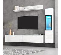 BTM Ensemble Wand TV 3-Pièces LED, Éclairage Brillant Blanc, Ensemble Möbel Salon, Wand TV Frontale, 1 x Meuble TV, 1 x Vitrine Salon, 1 x Étagère Suspendue