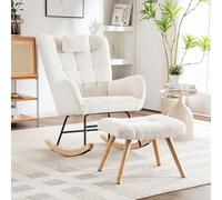 BTM Fauteuil a Bascule avec Repose Pied, Rocking Chair with Foot Rest Réglable, avec Appui-tête & Rembourrage Épais & Glissières Feutre, Allaitement Chambre Bebe pour Salon, Blanc