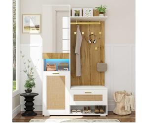 BTM Garderobe-Set, Kleiderschrank avec Miroir, 5 Crochets à Vêtements Dorés, Chaussier, Garderobe Mural, Compartiment de Rangement Supérieur, Banquette et Éclairage LED à 16 Couleurs