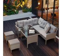 BTM Garniture de Jardin en Rotin PE pour 7 Personnes, Salon et Salle à Manger d'Extérieur avec Canapé, Table, Tabourets et Coussins, Housse de Tissu Amovible et Lavable, Kaki