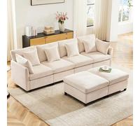 BTM Grand Canapé d'angle Modulaire en Forme de L en Chenille Moderne, 5 Places avec Pouf Amovible pour Salon, Béige