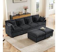 BTM Grand Canapé d'angle Modulaire en Forme de L en Chenille Moderne, 5 Places avec Pouf Amovible pour Salon, Gris