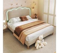 BTM Lit à Coussin LED Double 140 x 200 cm, Cadre de lit avec sommier à Lattes et Dossier réglable, Beige, ado pour Chambre à Coucher et Chambre d'amis - Tissu de Lin