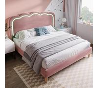 BTM Lit à Coussin LED Double 140 x 200 cm, Cadre de lit avec sommier à Lattes et Dossier réglable, Rose, ado pour Chambre à Coucher et Chambre d'amis - Velours
