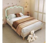 BTM Lit à Coussin LED Simple 90 x 190 cm, Cadre de lit avec sommier à Lattes et Dossier réglable, Beige, ado pour Chambre à Coucher et Chambre d'amis - Tissu de Lin