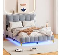 BTM Lit capitonné 140x200 cm, Lit Double avec Éclairage LED, Dossier, Grille de sommier, Velours, Pieds en métal Gris (Matelas Non Inclus)