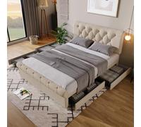 BTM Lit capitonné Double 140x200 cm, Cadre de lit avec 4 Tiroirs, Tête réglable en Hauteur, Multifonction Chesterfield, Naturel, sans Matelas