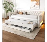 BTM Lit de Jour 90-180x200 avec Éclairage LED, Lit Escamotable à Tiroirs, Canapé-Lit Extensible, Béige (sans Matelas)