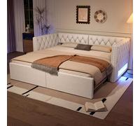 BTM Lit de Jour 90-180x200 avec Éclairage LED, Lit Escamotable Convertible en Grand, Canapé-Lit Extensible, Béige (sans Matelas)