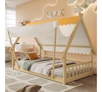 BTM Lit en Bois, Enfant, Lit Simple, Design De Maison en Bois Exquis, Tente Amovible, Grilles De Lattes Stables, avec Garde-Corps Sûr, Pin + Panneau Contrecollé, Naturel, 90x200cm