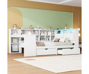 BTM Lit en Bois L 140x200, Bureau + Étagère, Capitaine d'angle, Tête Matelassée, Tiroirs sous-Lit, Éclairage LED