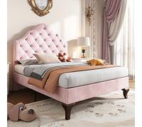 BTM Lit Enfant 90x200 avec Sommier à Lattes, Lit Capitonné avec Tête de Lit Réglable en Hauteur, pour Fille, Conception du Point de Traction du Bouton, en Velours, Rose (sans Matelas)