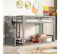 BTM Lit Enfant 90x200cm, à Deux Étages Bas avec Échelle de Sécurité, Cadre en Bois Massif + Réseau de Lattes, Gris