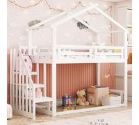 BTM Lit Enfant 90x200cm, à Deux Étages Bas avec Échelle de Sécurité, Cadre en Bois Massif + Réseau de Lattes, Blanc