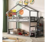 BTM Lit Enfant 90x200cm, à Deux Étages Bas avec Échelle de Sécurité, Cadre en Bois Massif + Réseau de Lattes, Gris