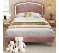 BTM Lit Enfant LED, Simple 90 x 190cm, Cadre de lit capitonné avec Grille de battants et tête réglable, Rose