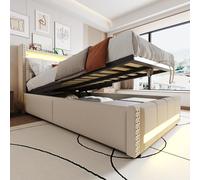 BTM Lit Matelassé Enfant 90x200cm, Éclairage LED + Prise USB, Tête avec Étagères + Rangement, Hydraulique Stockage, Simple, Tissu Lin Beige