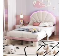 BTM Lit Simple Rembourré 90x200 avec LED Réglable, Lit Enfant avec Sommier à Lattes pour Fille, Tête Festonnée, Pieds Ronds Rembourrés, Velours, Rose et Beige (sans Matelas)