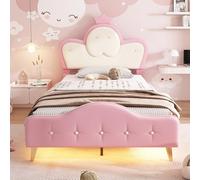 BTM Lit Simple Rembourré 90x200, Lit Enfant 90x200cm avec Éclairage LED et avec Sommier à Lattes, pour Fille, Motif à Pois, PU, Blanc et Rose (sans Matelas)