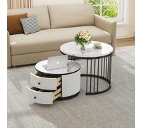 BTM Lot de 2 Tables Basses, Aspect Marbre avec Cadre en Métal Doré, Table Basse Gigognes Ronde avec 2 Tiroirs, Chargde 30kg, 60X60X45cm et 50x50x32cm, Blanc et Noir