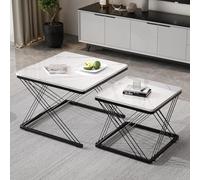 BTM Lot de 2 Tables Basses Carrées Modernes avec Motif Marbre, Table Basse Gigogne avec Pieds de Table Réglables en Hauteur, Table d'Appoint, Cadre en Métal, 60x60x45cm et 45x45x40cm, Blanc et Noir