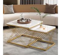 BTM Lot de 2 Tables Basses Carrées Modernes avec Motif Marbre, Table Basse Gigogne avec Pieds de Table Réglables en Hauteur, Table d'Appoint, Cadre en métal, 60x60x45cm et 45x45x40cm, Blanc et Or