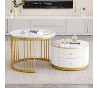 BTM Lot de 2 Tables Basses, Table Basse en Aspect Marbre avec Cadre en Métal Doré, Table Basse Gigognes Ronde avec 2 Tiroirs, Chargde 30kg, 60X60X45.5cm et 50x50x32cm, Blanc et Or