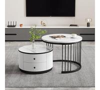 BTM Lot de 2 Tables Basses, Table Basse en Aspect Marbre avec Cadre en Métal Doré, Table Basse Gigognes Ronde avec 2 Tiroirs, Chargde 30kg, 60X60X45.5cm et 50x50x32cm, Blanc et Noir
