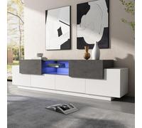 BTM Meuble TV 180 cm, LED Plateaux Verre, Banc TV Meuble Tele Salon Chambre, Console 80-55 Pouces, Blanc Gris