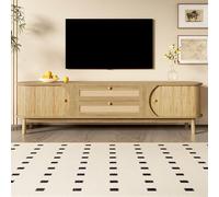BTM Meuble TV Blend de Bois Naturel, Support TV avec Portes + Tiroirs et Côtés en Rotin, Solution de Rangement, Style Maison de Campagne Naturel