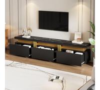 BTM Meuble TV Imitation Marbre, Moderne avec 3 Tiroirs, Lignes Dorées, pour Max 90 Pouces, Charge 30kg, 200x40x42cm, Noir et Or