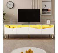 BTM Meuble TV Moderne 180x40x50cm - Lowboard Salon, LED, Corps Blanc, Pieds Métalliques Dorés, Porte en Verre & Rangement