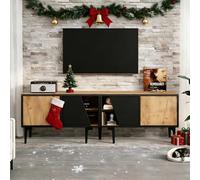 BTM Meuble TV Salon 160 avec Quatre Compartiments, Lowboard à Sept Pieds de Support, Design Moderne Minimaliste, pour Téléviseur 65 Pouces, 160x37x45cm, Bois Naturel