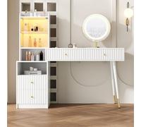 BTM Set De Table À Maquillage avec Miroir LED 3 Couleurs, 4 Tiroirs, 1 Armoire Éclairée Porte en Verre, 1 Compartiment Ouvert, Blanc, Dimensions: 100x40x125 cm (sans Tabouret)