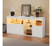 BTM Sideboard Blanc 155.5x35x72 cm LED, 3 Portes 3 Vitrines, Compartiments Grifflos