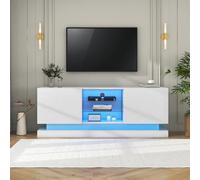 BTM Support TV Blanc Mat - 1,6m Longueur, Plateau Verre Réglable, Espace pour 70 Pouces, Rangement Élégant avec Charnières Silencieuses