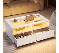 BTM Table Basse 100 x 50 x 35 cm avec éclairage LED, d'appoint avec 2 tiroirs, de Salon en Verre, Double Plateau, Espace de Rangement Ouvert, de Chevet, Blanche