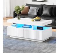 BTM Table Basse 100 x 50 x 45 cm avec Deux tiroirs, Rayures Verticales, thermoformée, de Salon, avec Bande Lumineuse LED, Blanche