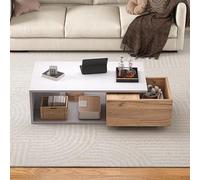 BTM Table Basse 90x50x30 cm Tiroir Tournant 360°, Rangement Ouvert Haute Brillance, Blanc Bois Naturel