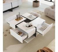 BTM Table Basse Carrée Blanche, Design Lignes, Tiroirs Rangement en Dessous, Moderne Table Basse Table d'appoint Salon, 78x78x36cm