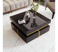 BTM Table Basse Carrée Noire et Or, Table Basse de Salon avec 2 Tiroirs, avec des Lignes Dorées en Bas, Charge de 60kg, 70x70x35.5cm, Noir